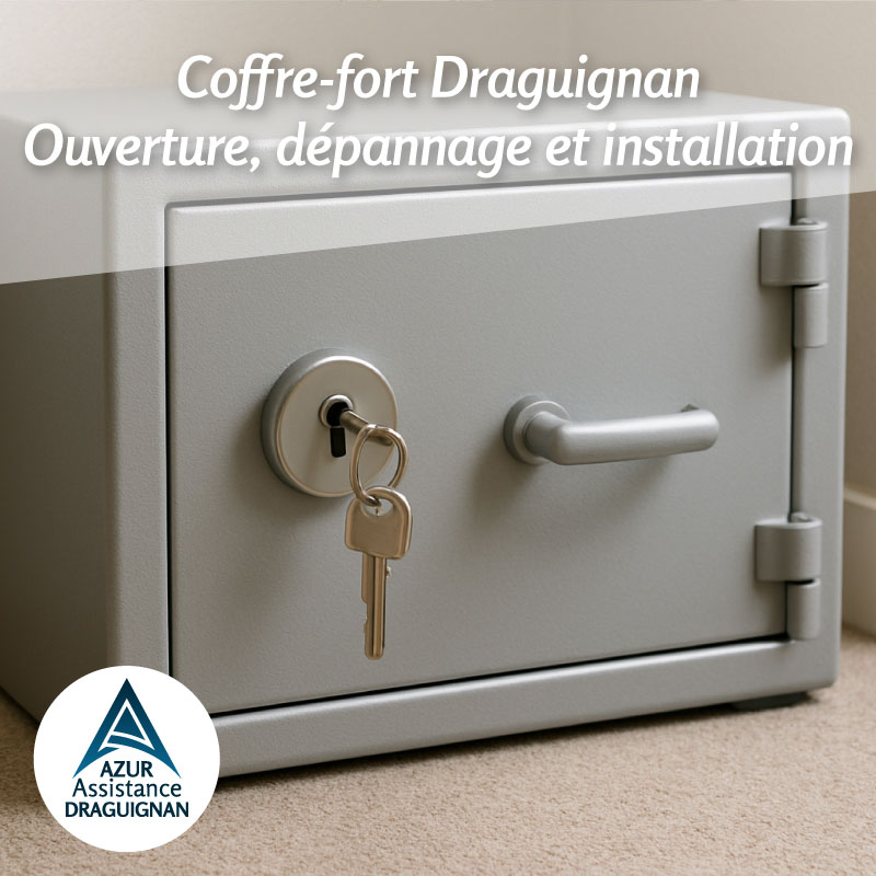 Coffre-fort ouvert à Draguignan avec clé insérée, lors d'une intervention Azur Assistance